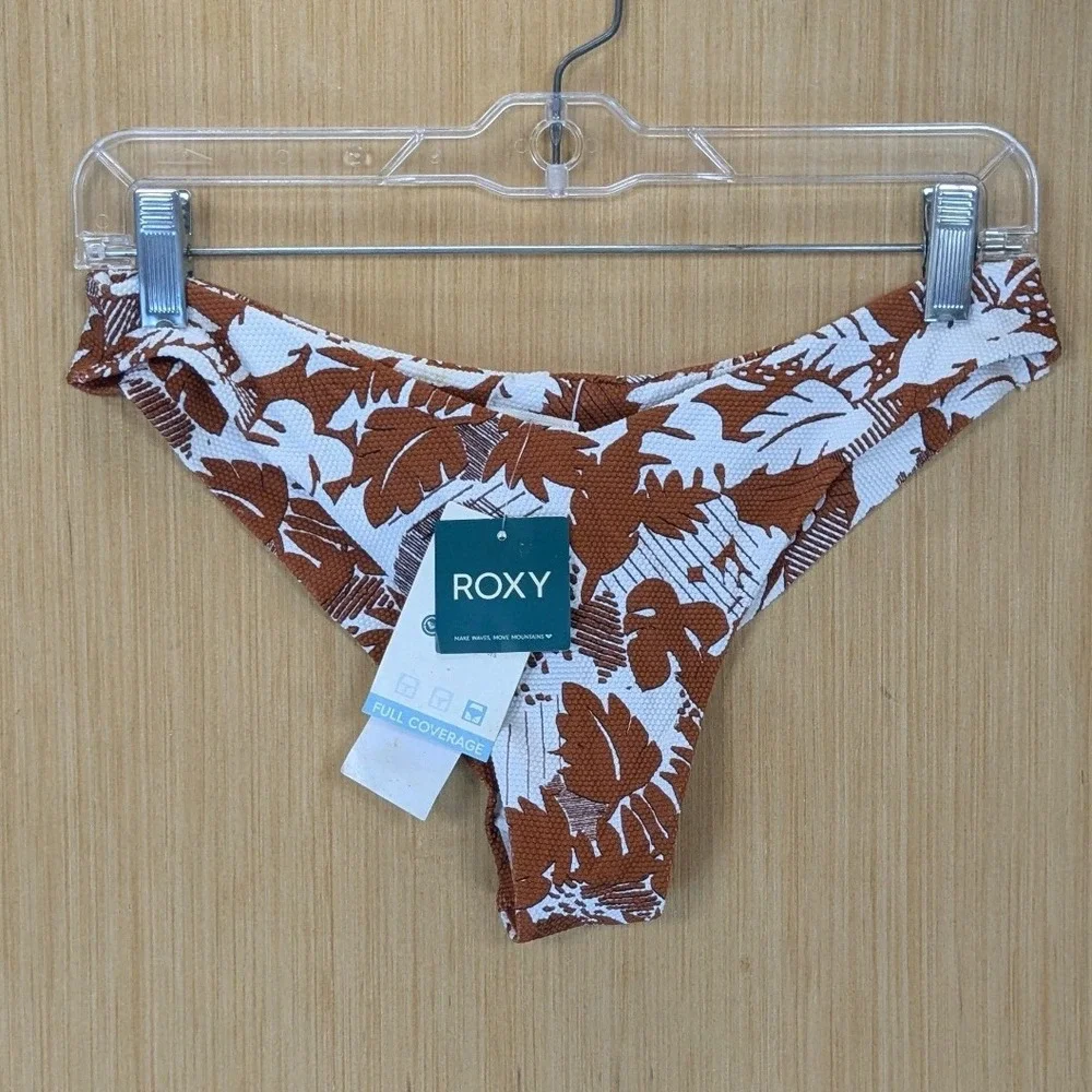 Roxy Endless Swell HL Cheeky Bikini Bottom Size L Rust White Leaf Print Vacation